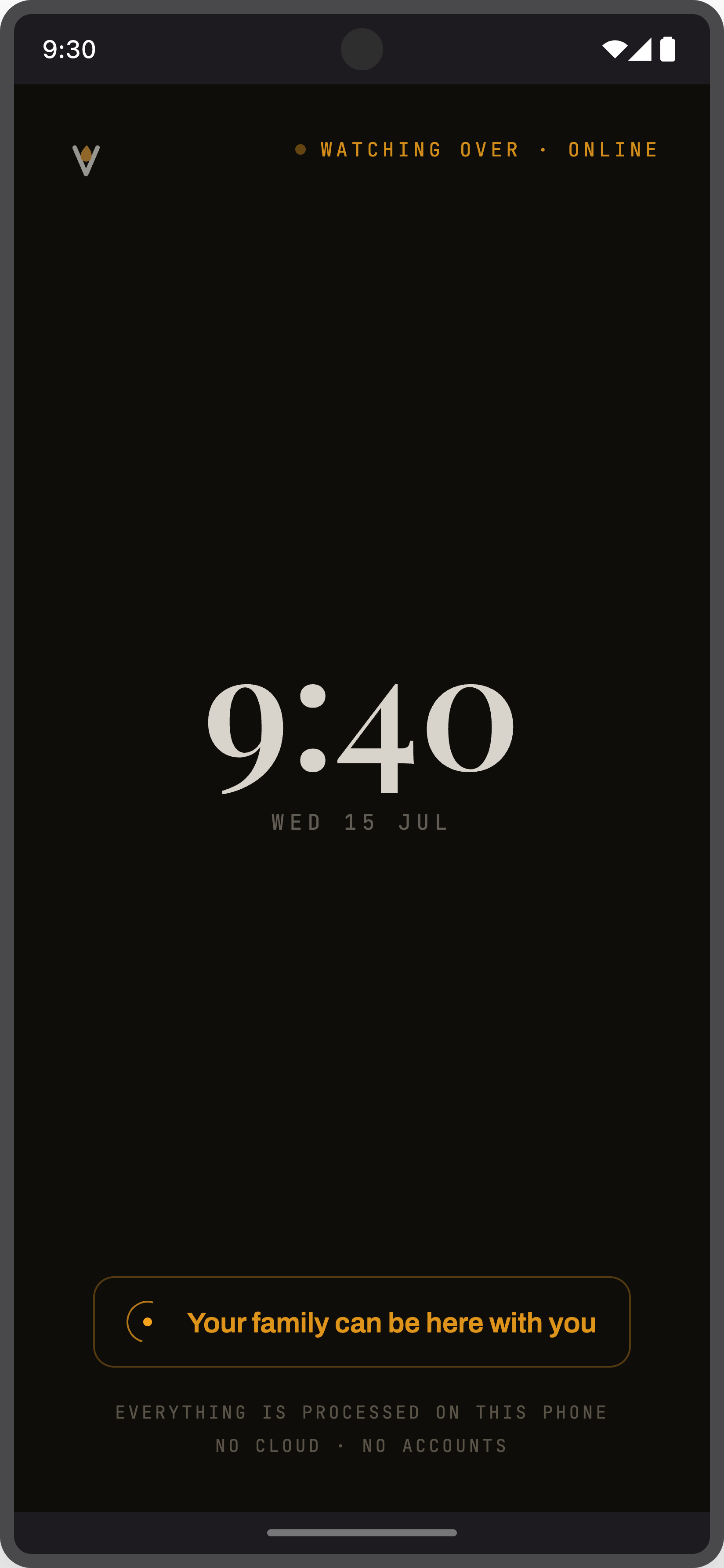 Velia's Guardian in kiosk mode: a calm clock, “watching · online”.