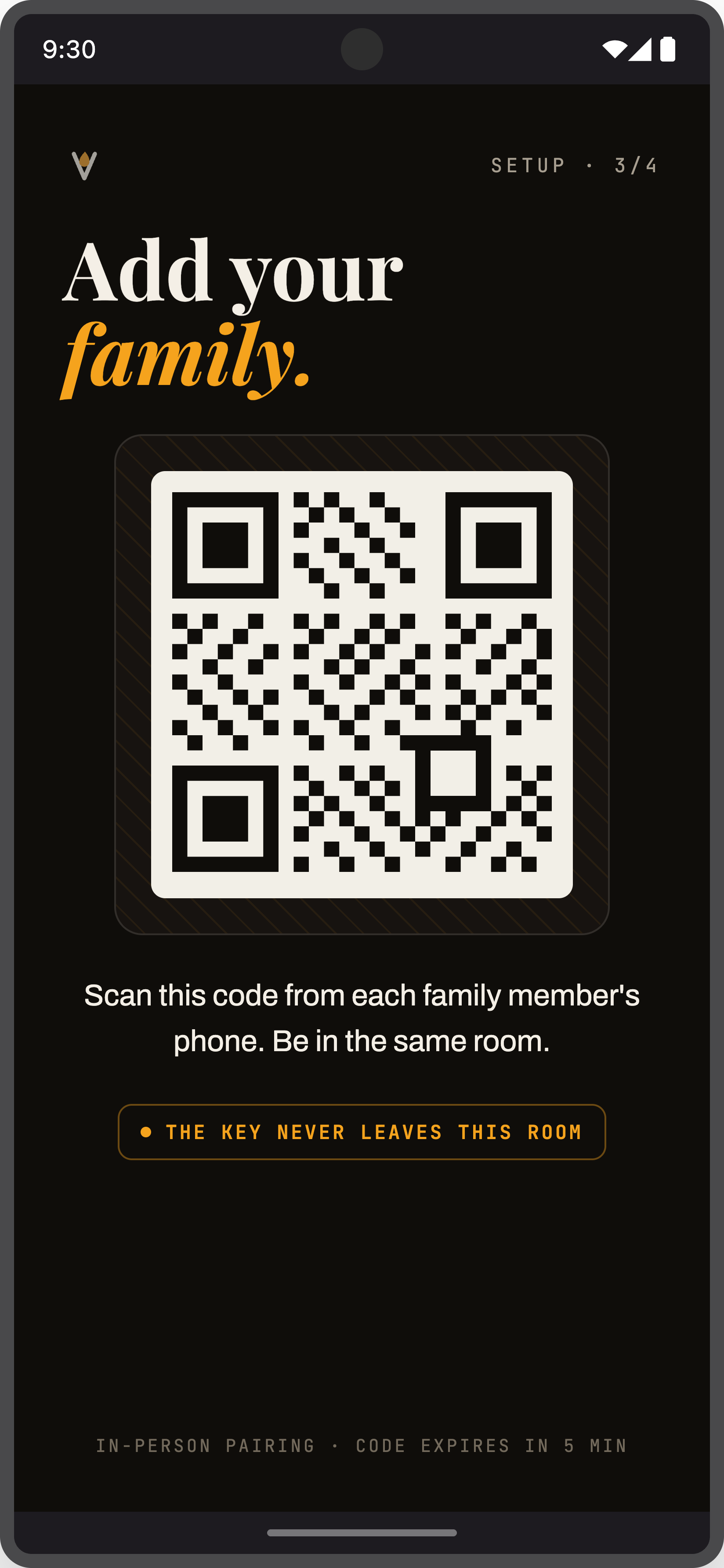 QR pairing screen: “Add your family”.