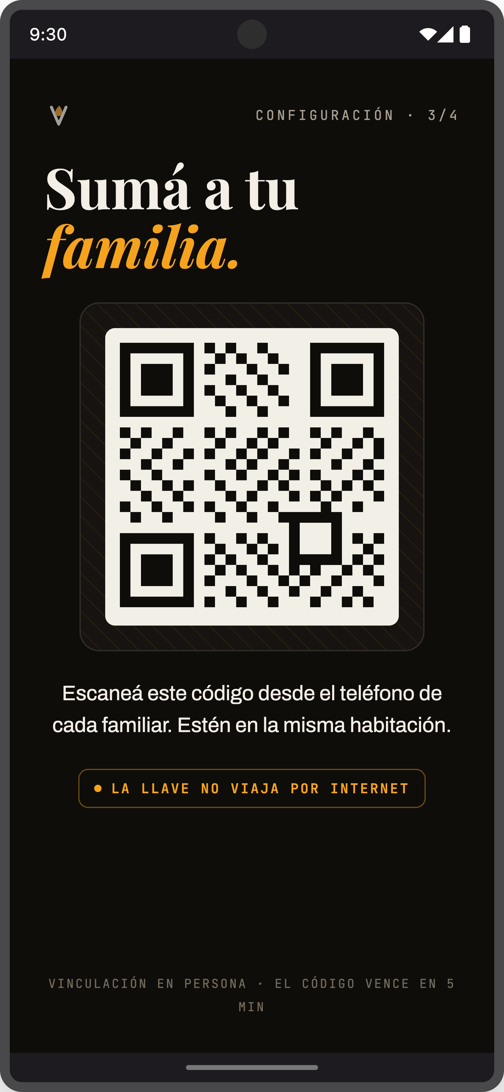 Pantalla de vinculación con código QR: «Sumá a tu familia».