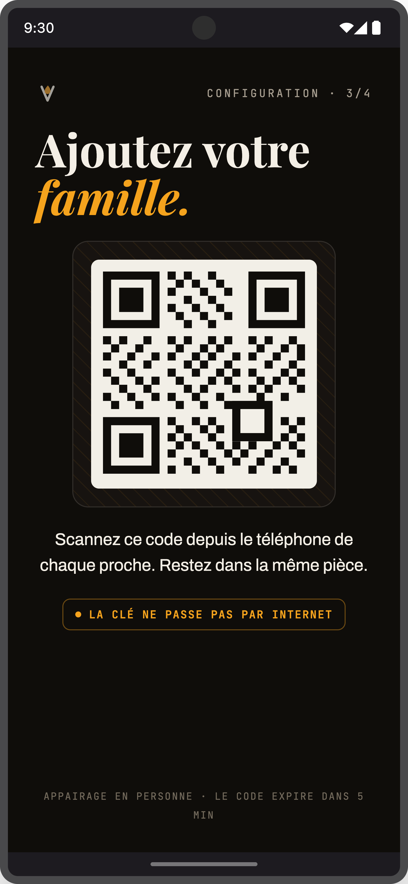 Écran d'appairage QR : « Ajoute ta famille ».