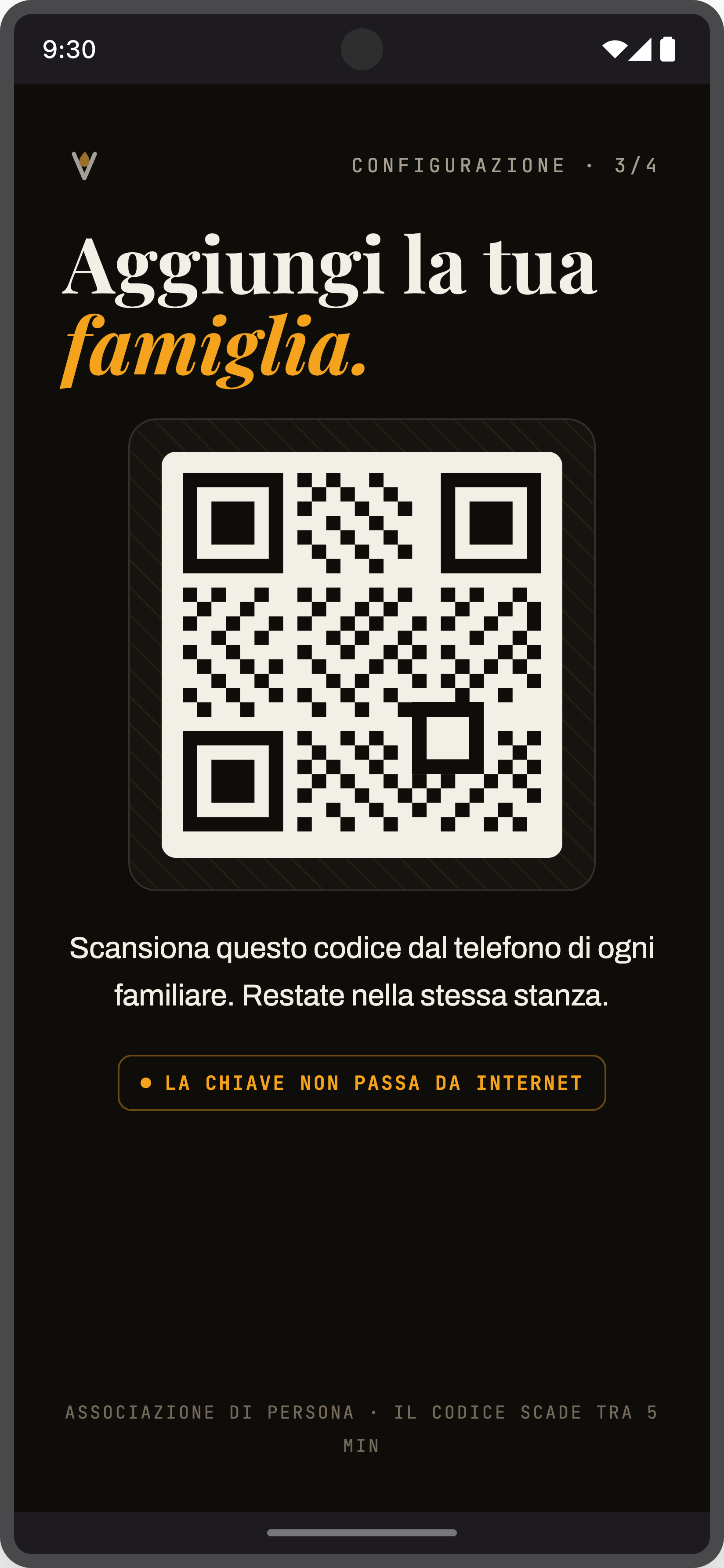 Schermata di abbinamento QR: «Aggiungi la tua famiglia».
