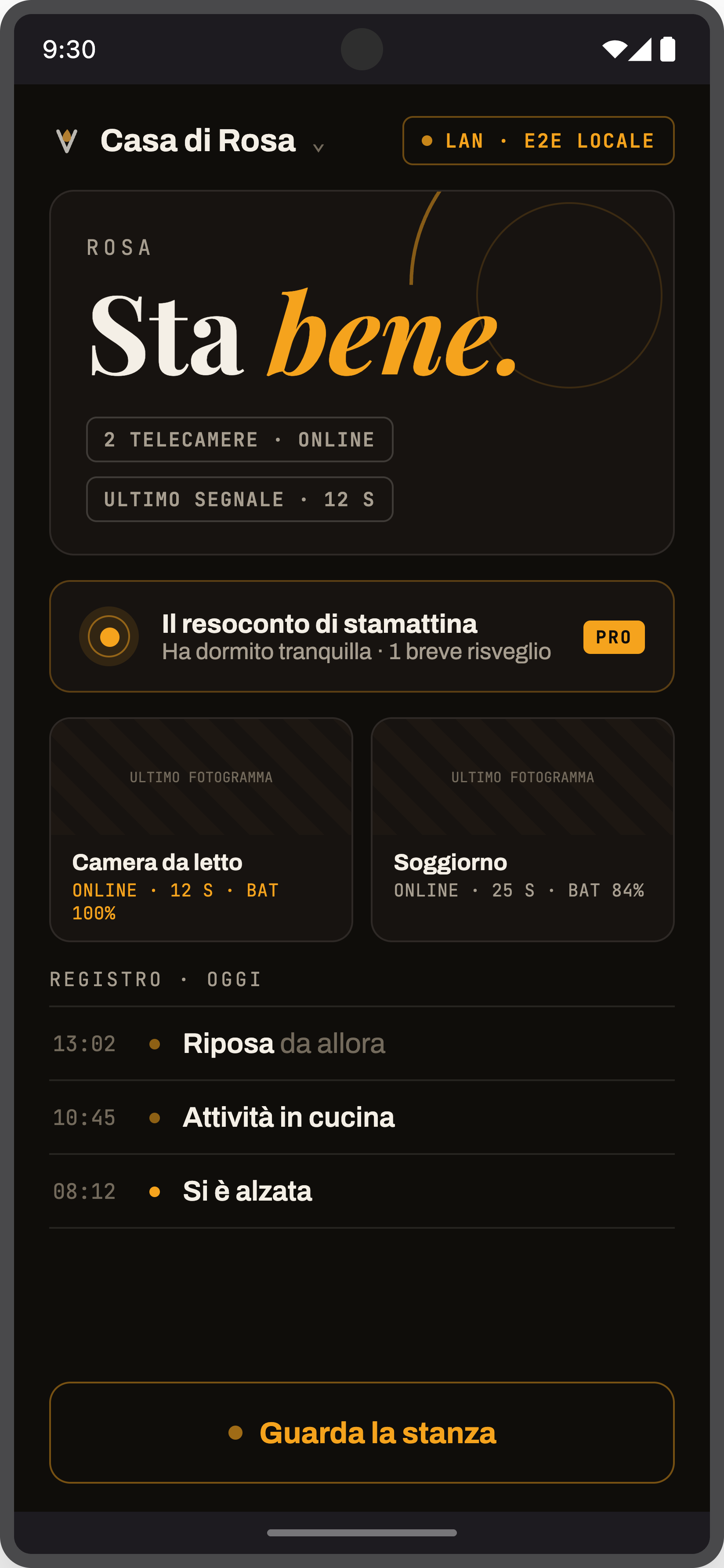 La schermata Famiglia: «Sta bene», salute delle telecamere e il registro del giorno.