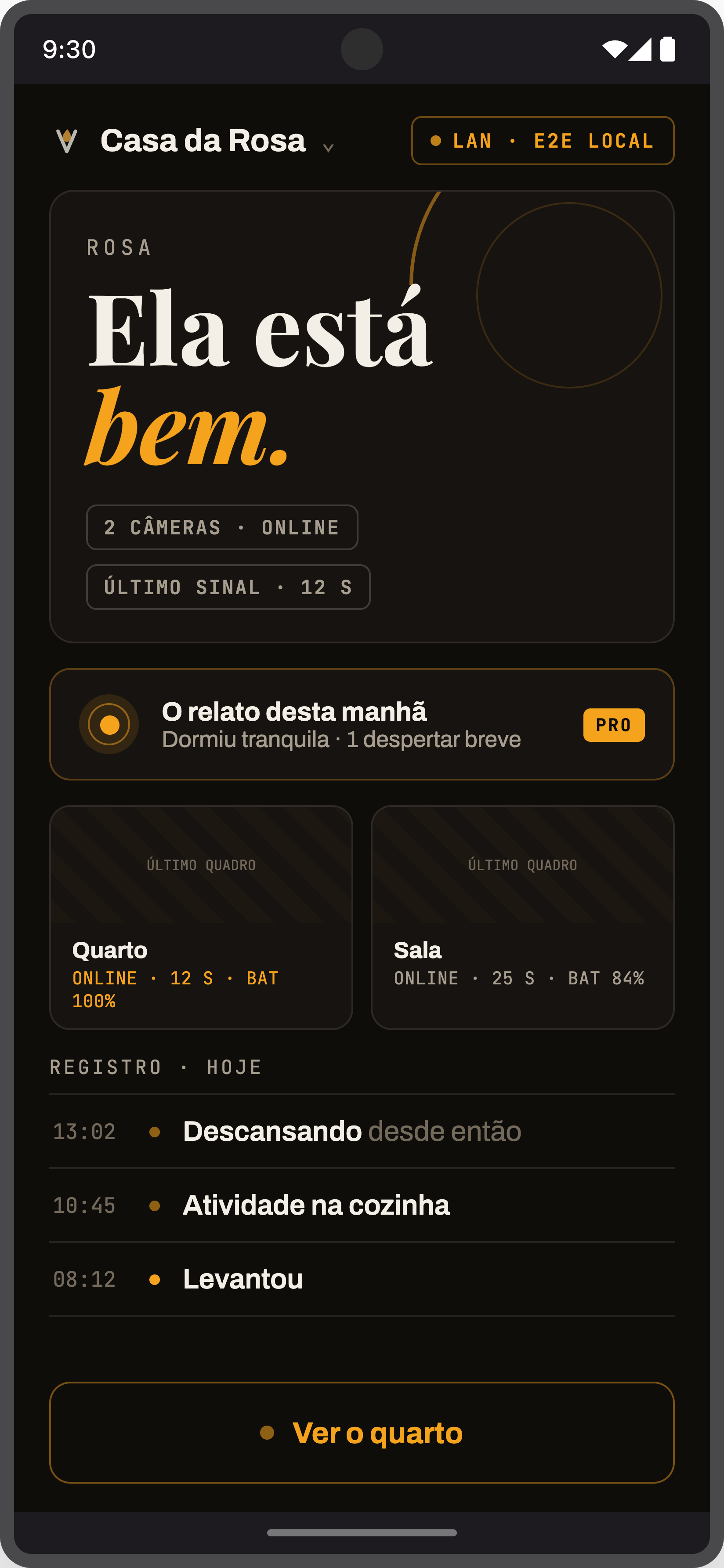 A tela da Família: “Ela está bem”, saúde das câmeras e o registro do dia.